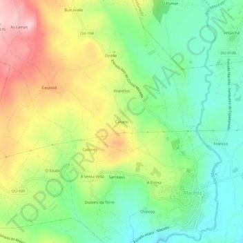 Topografische kaart Calvelo, hoogte, reliëf