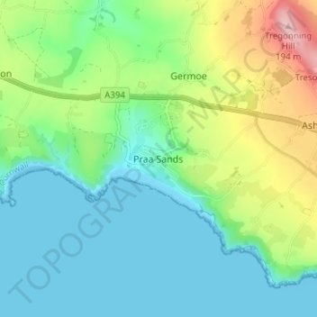 Topografische kaart Praa Sands, hoogte, reliëf