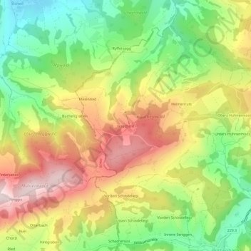 Topografische kaart Gouchere, hoogte, reliëf