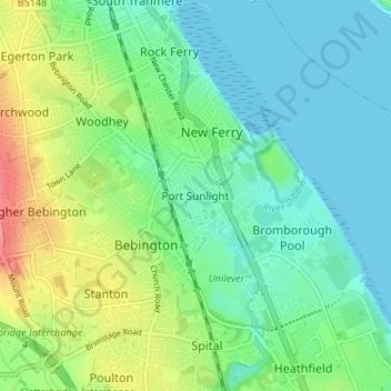 Topografische kaart Port Sunlight, hoogte, reliëf