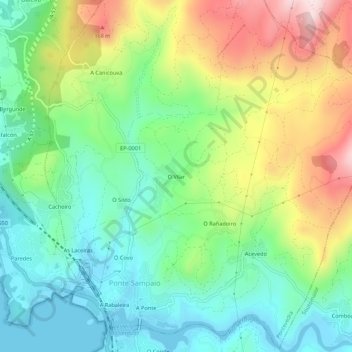 Topografische kaart O Vilar, hoogte, reliëf