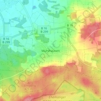Topografische kaart Mühlhausen, hoogte, reliëf