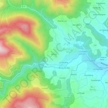Topografische kaart Darnac, hoogte, reliëf