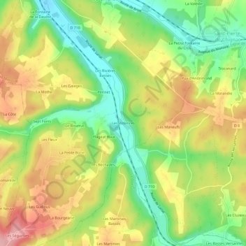 Topografische kaart Les Potences, hoogte, reliëf