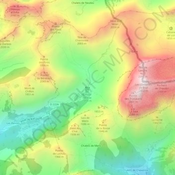 Topografische kaart Bise, hoogte, reliëf