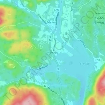 Topografische kaart Hornnes, hoogte, reliëf