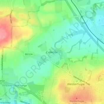 Topografische kaart Callerton, hoogte, reliëf