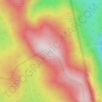 Topografische kaart Mount Field, hoogte, reliëf