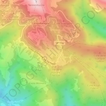 Topografische kaart Cinque Confini, hoogte, reliëf