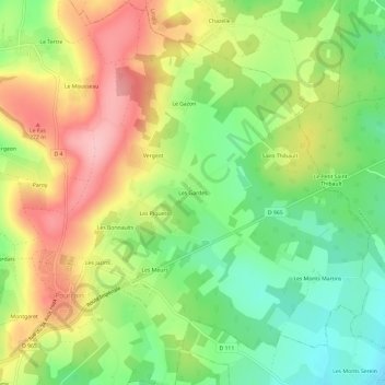 Topografische kaart Les Gardes, hoogte, reliëf