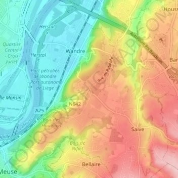 Topografische kaart Xhavée, hoogte, reliëf