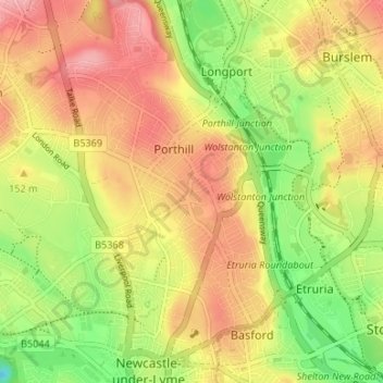 Topografische kaart Wolstanton, hoogte, reliëf