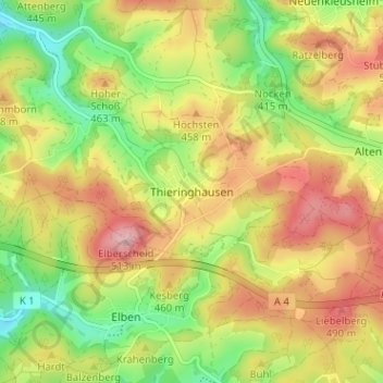 Topografische kaart Thieringhausen, hoogte, reliëf