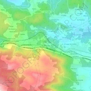 Topografische kaart Os Parceiros, hoogte, reliëf