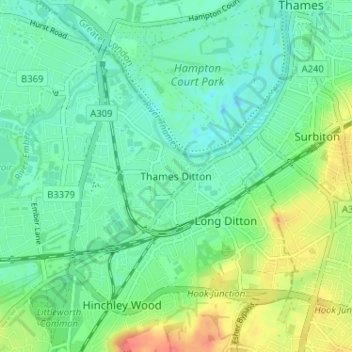 Topografische kaart Thames Ditton, hoogte, reliëf