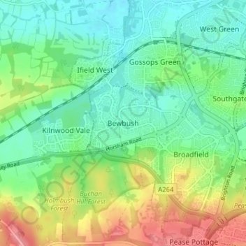 Topografische kaart Bewbush, hoogte, reliëf