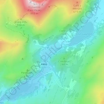 Topografische kaart Nantgwynant, hoogte, reliëf