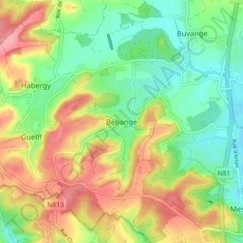 Topografische kaart Bébange, hoogte, reliëf
