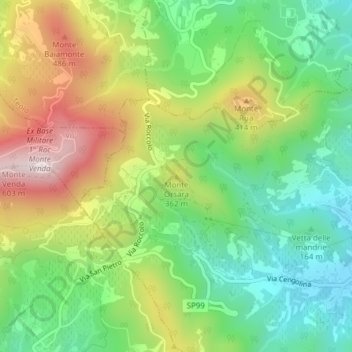 Topografische kaart Monte Orsara, hoogte, reliëf