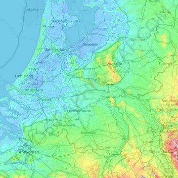 Topografische kaart Betuwe, hoogte, reliëf