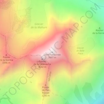 Topografische kaart Dent Parrachée, hoogte, reliëf