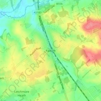 Topografische kaart Radlett, hoogte, reliëf