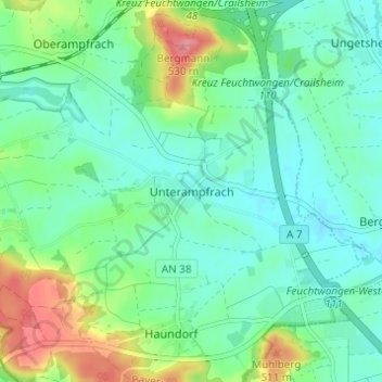 Topografische kaart Unterampfrach, hoogte, reliëf