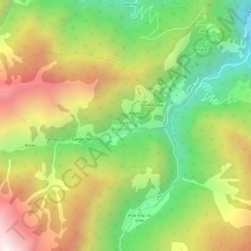 Topografische kaart Rodoretto, hoogte, reliëf