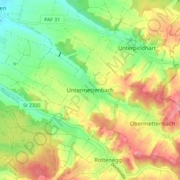 Topografische kaart Untermettenbach, hoogte, reliëf