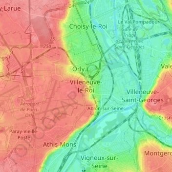 Topografische kaart Villeneuve-le-Roi, hoogte, reliëf