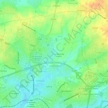 Topografische kaart Le Lignon, hoogte, reliëf