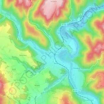 Topografische kaart Vorey-sur-Arzon, hoogte, reliëf
