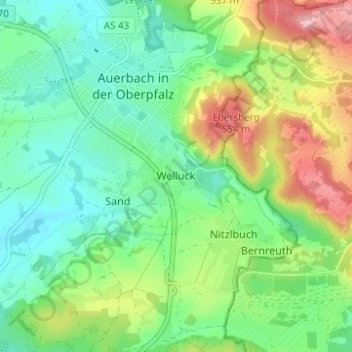 Topografische kaart Welluck, hoogte, reliëf