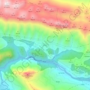 Topografische kaart Llonín, hoogte, reliëf
