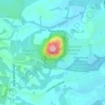 Topografische kaart Mount Ngungun, hoogte, reliëf