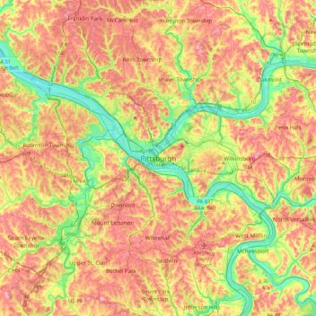 Topografische kaart Pittsburgh, hoogte, reliëf