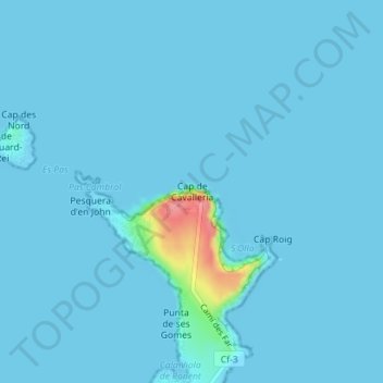Topografische kaart Cabo Caballería, hoogte, reliëf