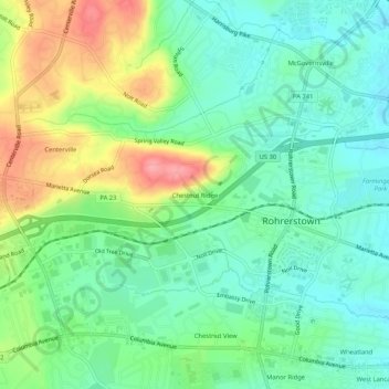 Topografische kaart Chestnut Ridge, hoogte, reliëf