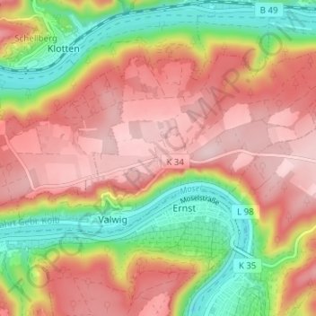 Topografische kaart Valwigerberg, hoogte, reliëf