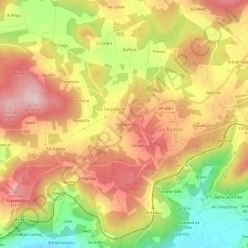 Topografische kaart Corveira, hoogte, reliëf