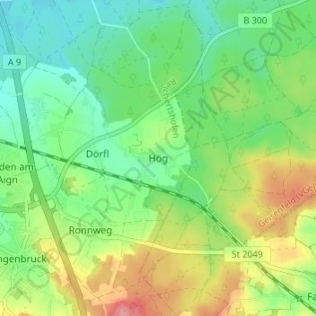 Topografische kaart Hög, hoogte, reliëf