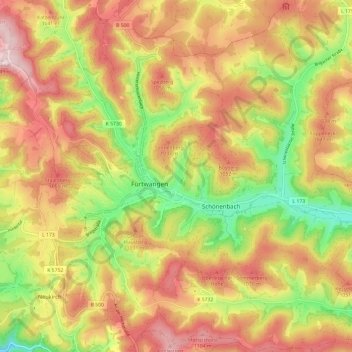 Topografische kaart Furtwangen, hoogte, reliëf