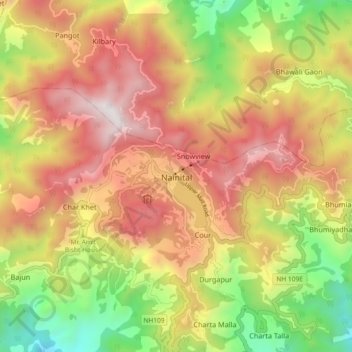 Topografische kaart Nainital, hoogte, reliëf