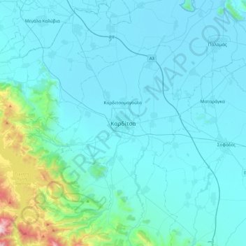 Topografische kaart Karditsa, hoogte, reliëf