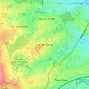 Topografische kaart Shenley Fields, hoogte, reliëf