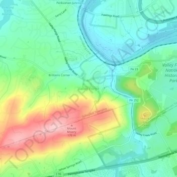 Topografische kaart Valley Forge, hoogte, reliëf