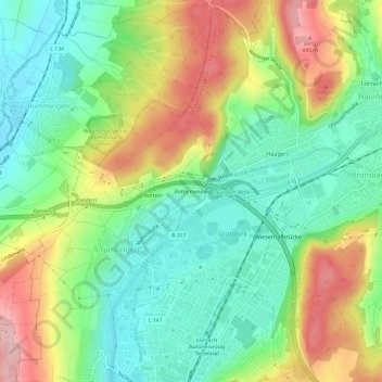 Topografische kaart Röttelnweiler, hoogte, reliëf