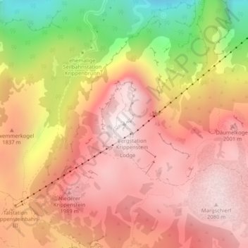 Topografische kaart Krippenstein, hoogte, reliëf