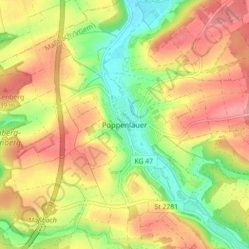 Topografische kaart Poppenlauer, hoogte, reliëf