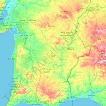 Topografische kaart Região do Alentejo, hoogte, reliëf